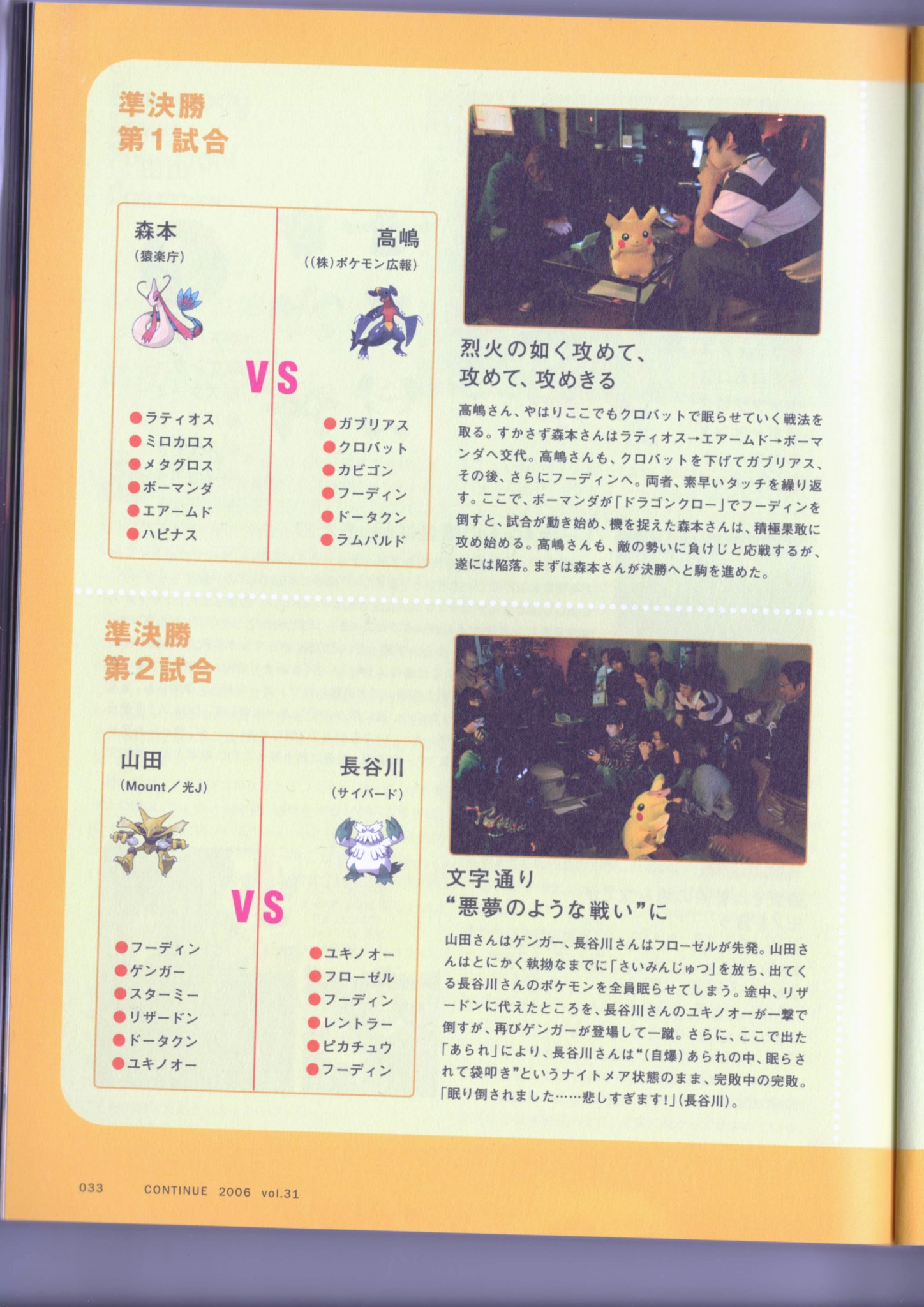CONTINUE Vol.31 P.033 半决赛页，含两场对战阵容、赛况文字与现场照片