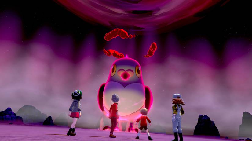 Four characters face an enemy in Pokémon Sword and Shield